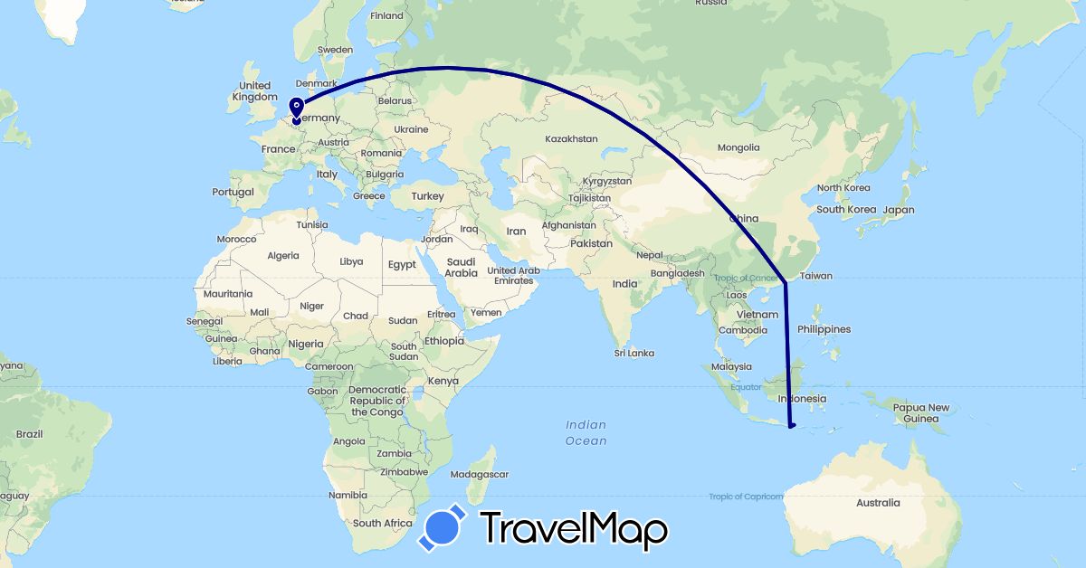 TravelMap itinerary: driving in Belgium, China, Indonesia, Netherlands (Asia, Europe)